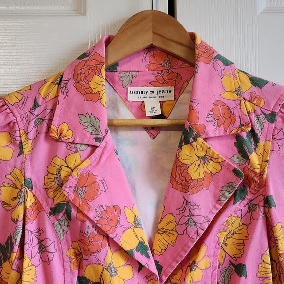 Vintage Women's Tommy Jeans Pink Yellow Floral Tie Front Blazer Jacket Y2K SM - Picture 8 of 14